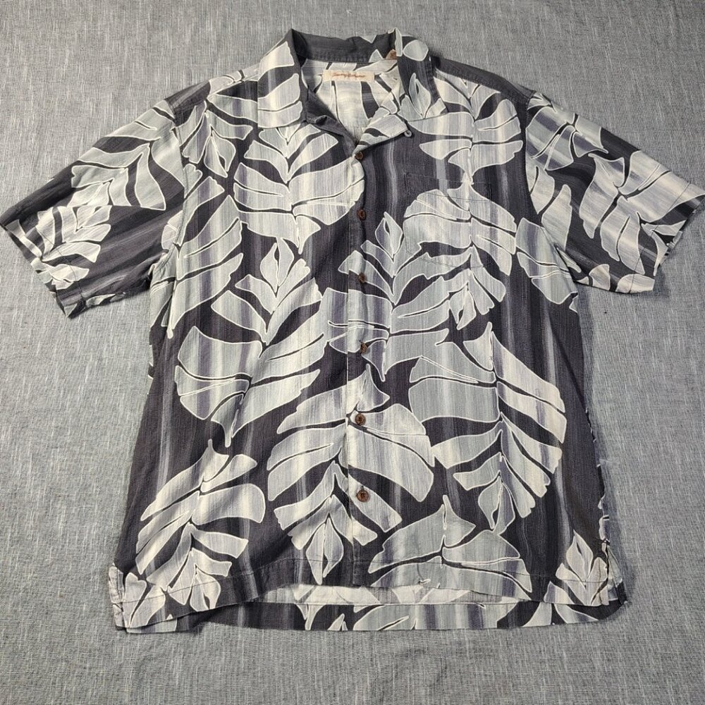 Tommy Bahama Hawaiian Shirt Size Large Gray Loop Collar Silk‎ Tropical Fern Leaf